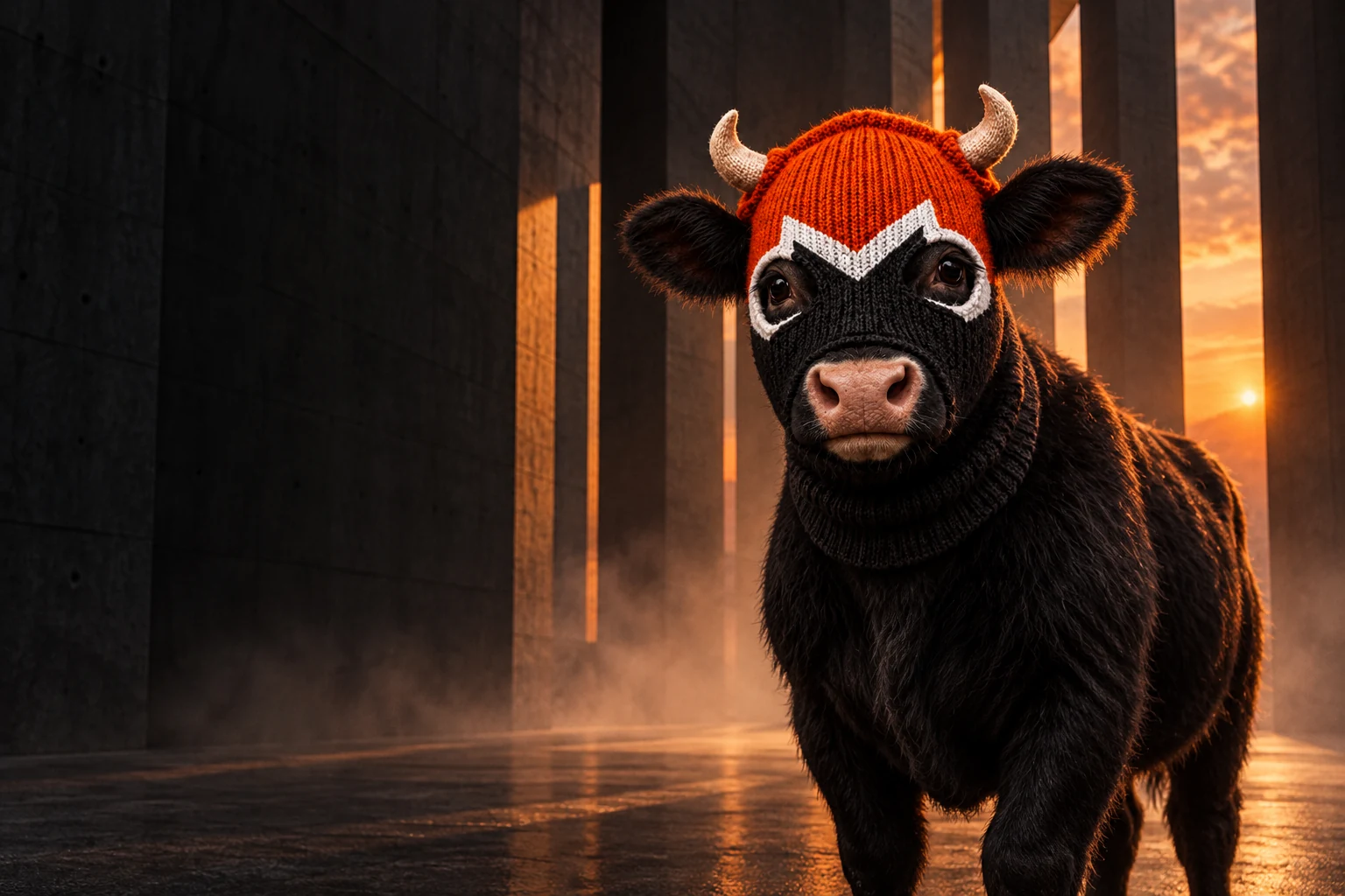The masked black cow in a cinematic concrete corridor lit by orange sunlight